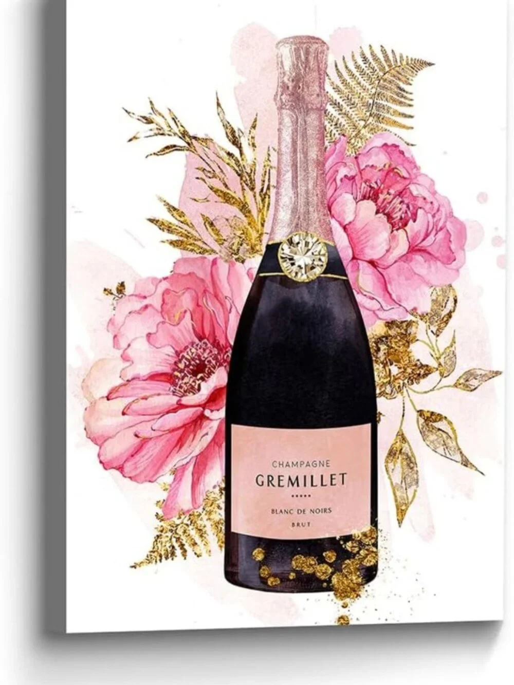 Chic Champagne Canvas Art with Pink Peony & Gold Foil - Glam Floral Wall Decor